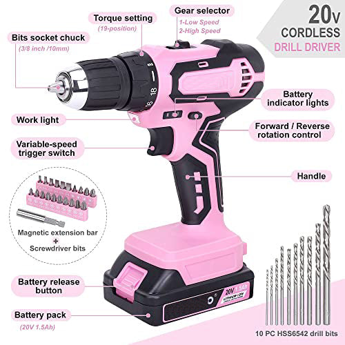 232-Piece 20V Pink Cordless Lithium-ion Drill Driver and Home Tool