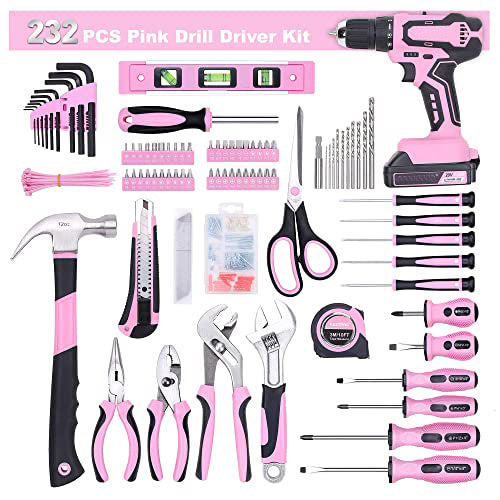 232-Piece 20V Pink Cordless Lithium-ion Drill Driver and Home Tool