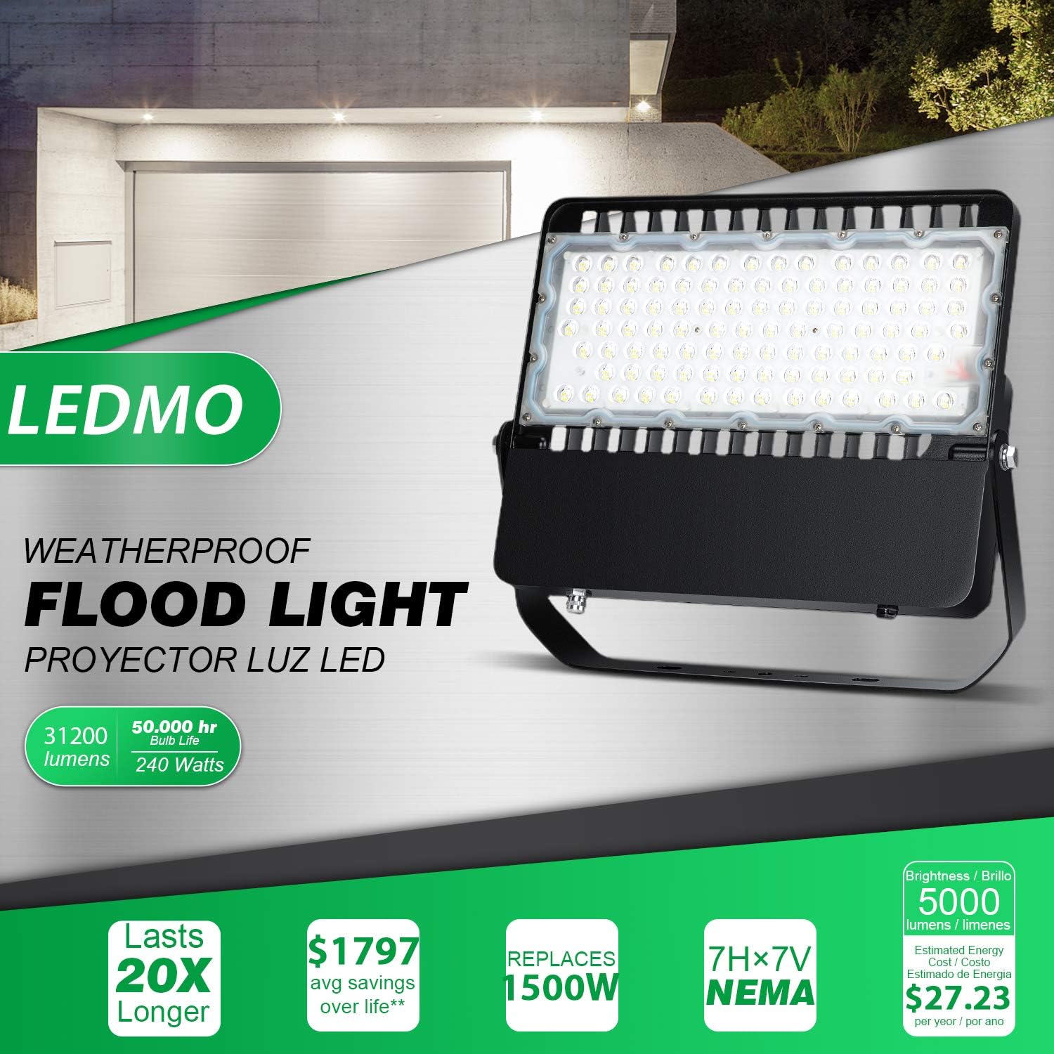 LED Flood Lights Outdoor, Stadium Lights with Dusk to Dawn Photocell, Amazingly Bright 36000Lumen Floodlights, High-Intensity Commercial Area Light - 240W, 5000K (3Pack)