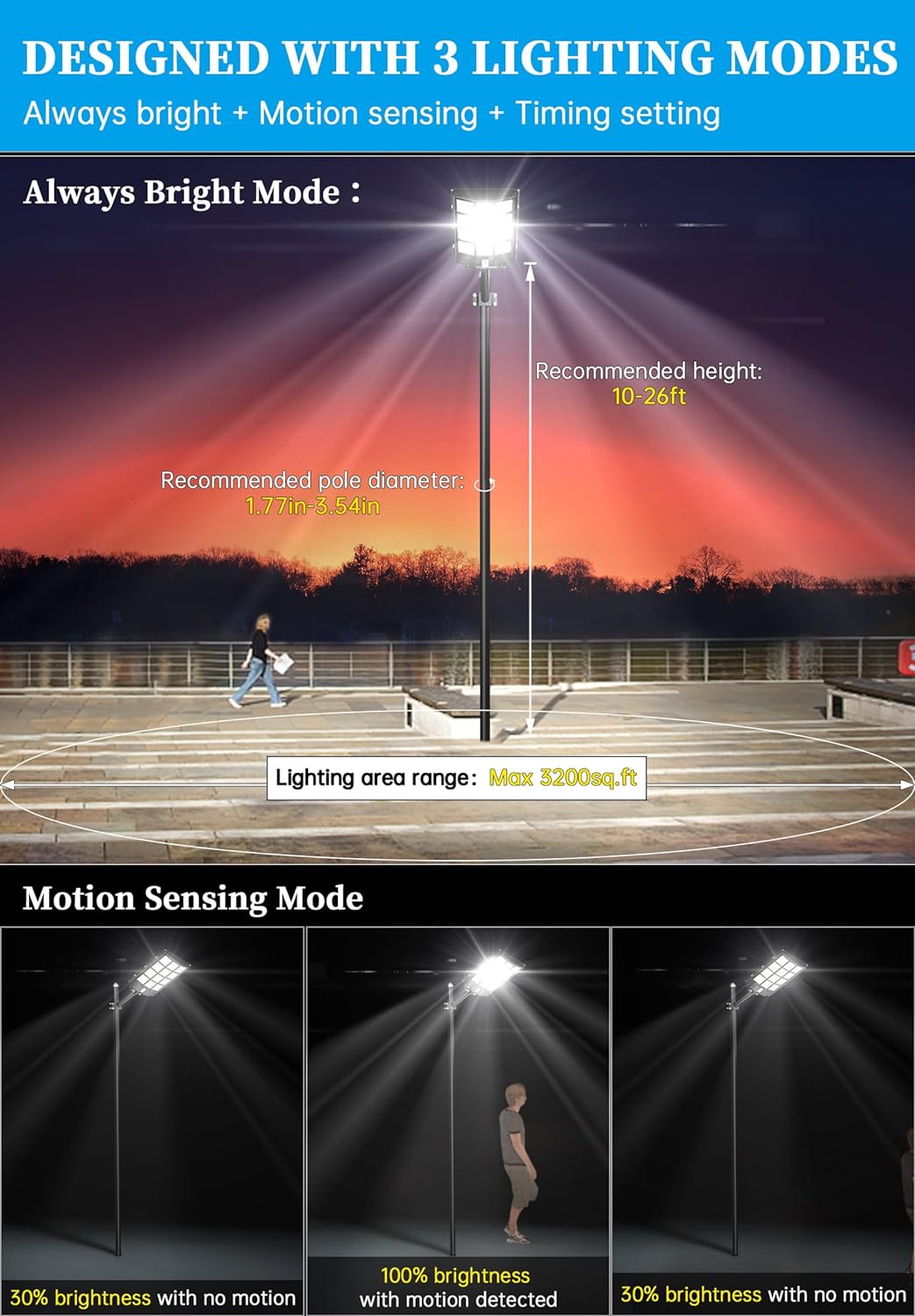 4000W Solar Street Light Outdoor, Wide Angle 350000LM 3000K/4000K/6500K Commercial Parking Lot Lights Dusk to Dawn, IP67 Solar Flood Outdoor Area Lightning for Basketball Court, Road, Yard