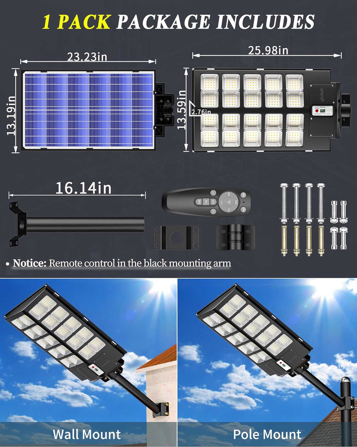 4000W Solar Street Light Outdoor, Wide Angle 350000LM 3000K/4000K/6500K Commercial Parking Lot Lights Dusk to Dawn, IP67 Solar Flood Outdoor Area Lightning for Basketball Court, Road, Yard