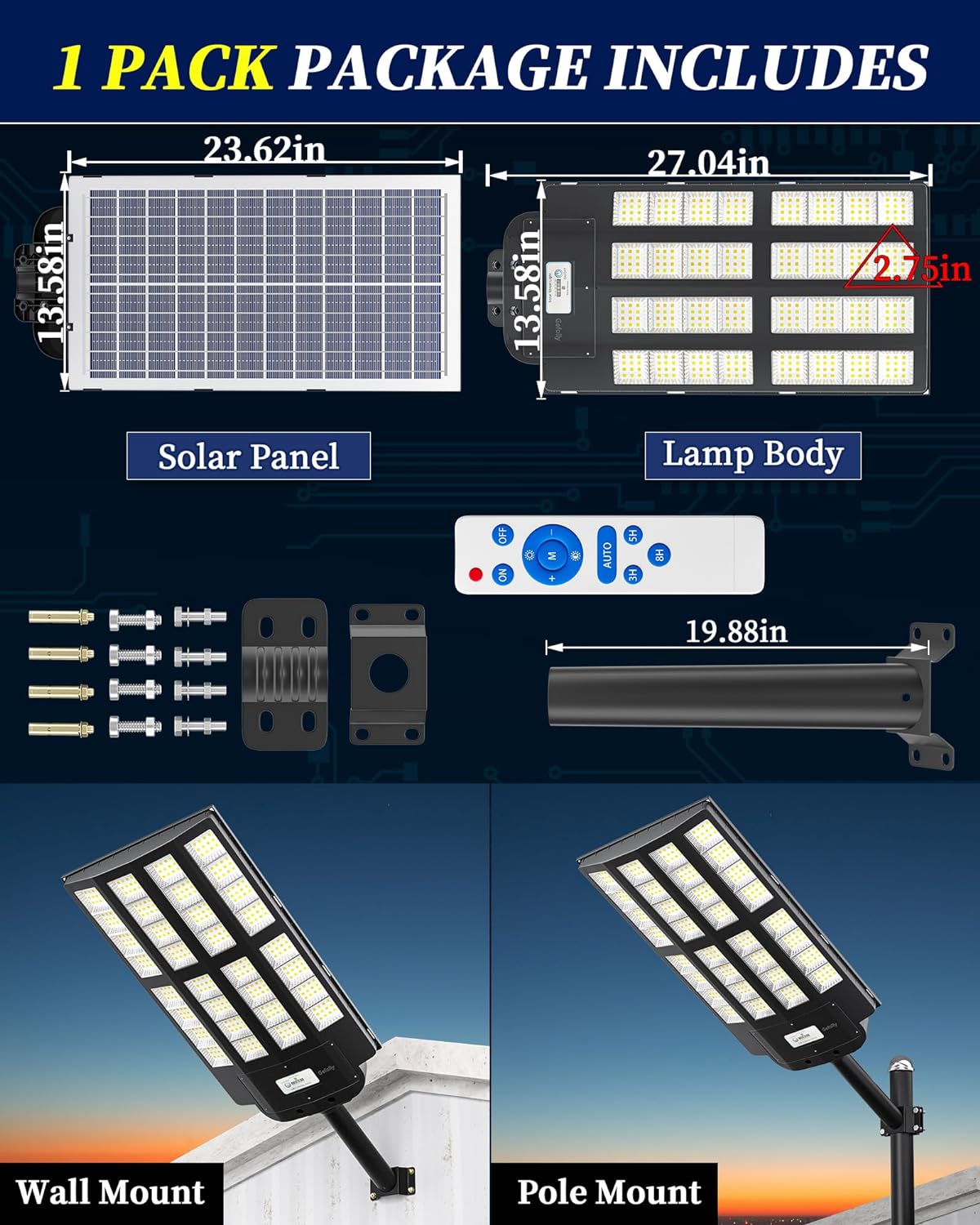 4000W Solar Street Light Outdoor, Wide Angle 350000LM 3000K/4000K/6500K Commercial Parking Lot Lights Dusk to Dawn, IP67 Solar Flood Outdoor Area Lightning for Basketball Court, Road, Yard