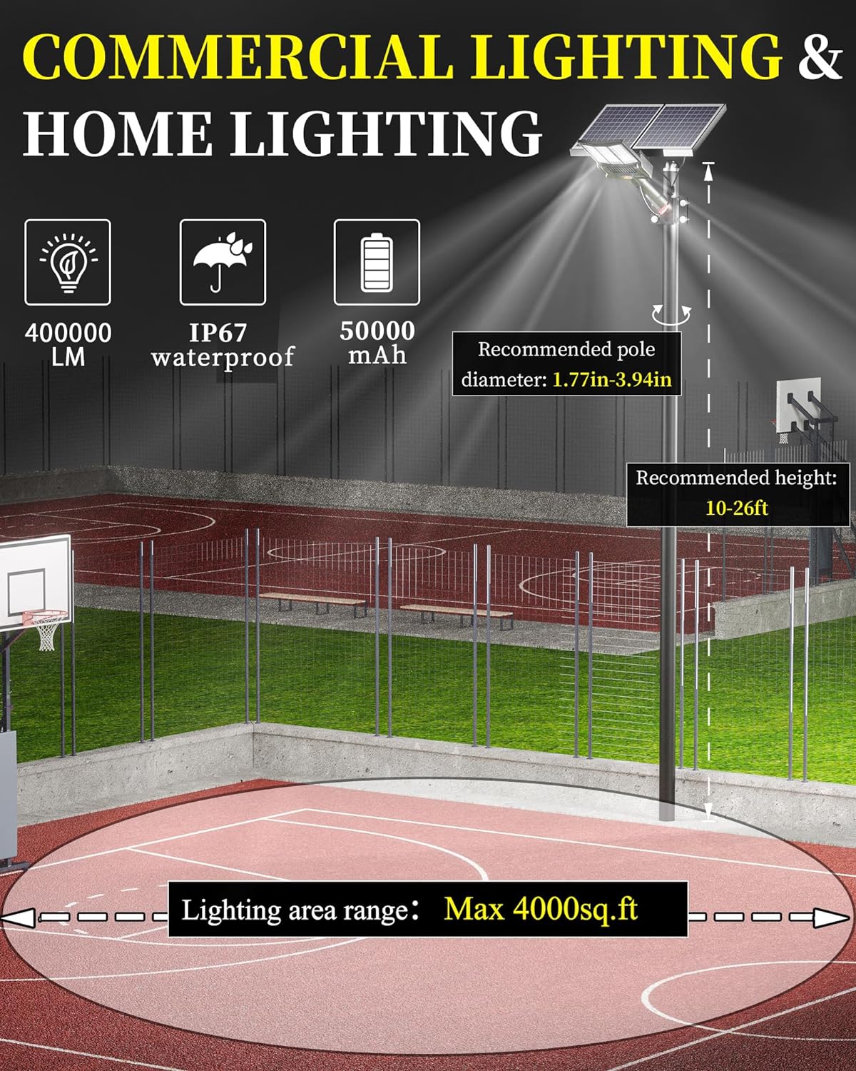 4000W Solar Street Light Outdoor, Wide Angle 350000LM 3000K/4000K/6500K Commercial Parking Lot Lights Dusk to Dawn, IP67 Solar Flood Outdoor Area Lightning for Basketball Court, Road, Yard