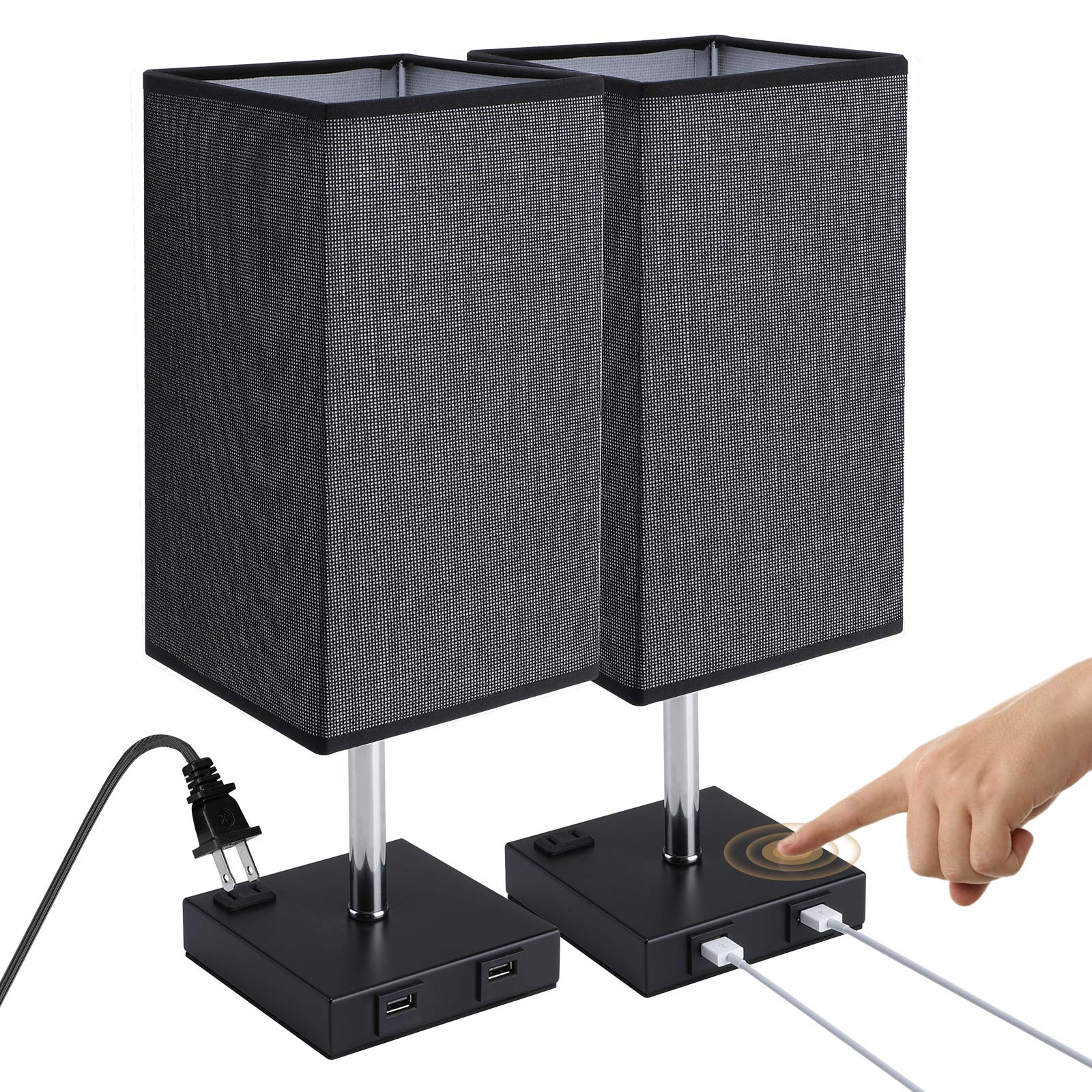 Lightessluxe Set of 2 Black Nightstand Lamps - Dimmable Touch Table Lamps with AC Outlet and 2 USB Ports