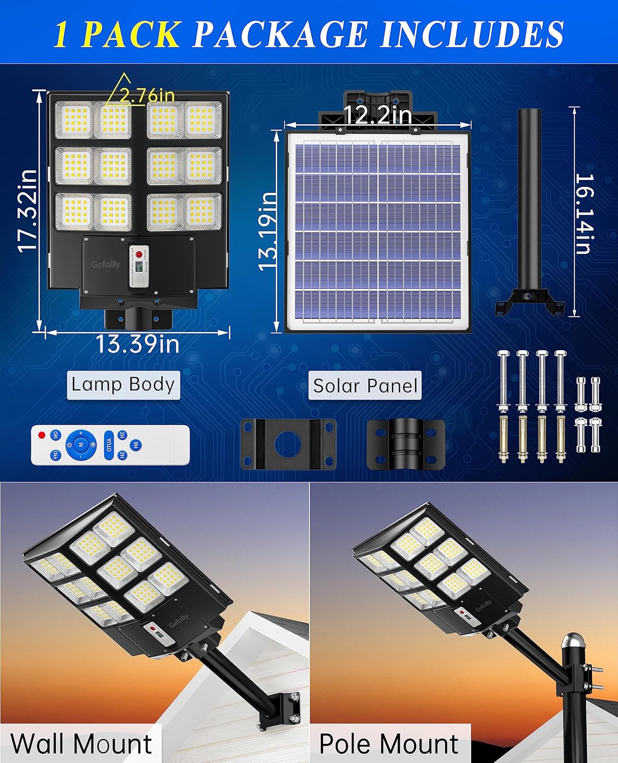 4000W Solar Street Light Outdoor, Wide Angle 350000LM 3000K/4000K/6500K Commercial Parking Lot Lights Dusk to Dawn, IP67 Solar Flood Outdoor Area Lightning for Basketball Court, Road, Yard