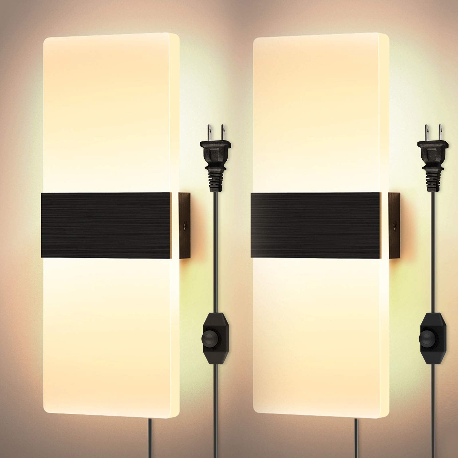 LIGHTESSLUXE Dimmable 12W LED Wall Sconce - Warm White Glow with Convenient 6FT Plug