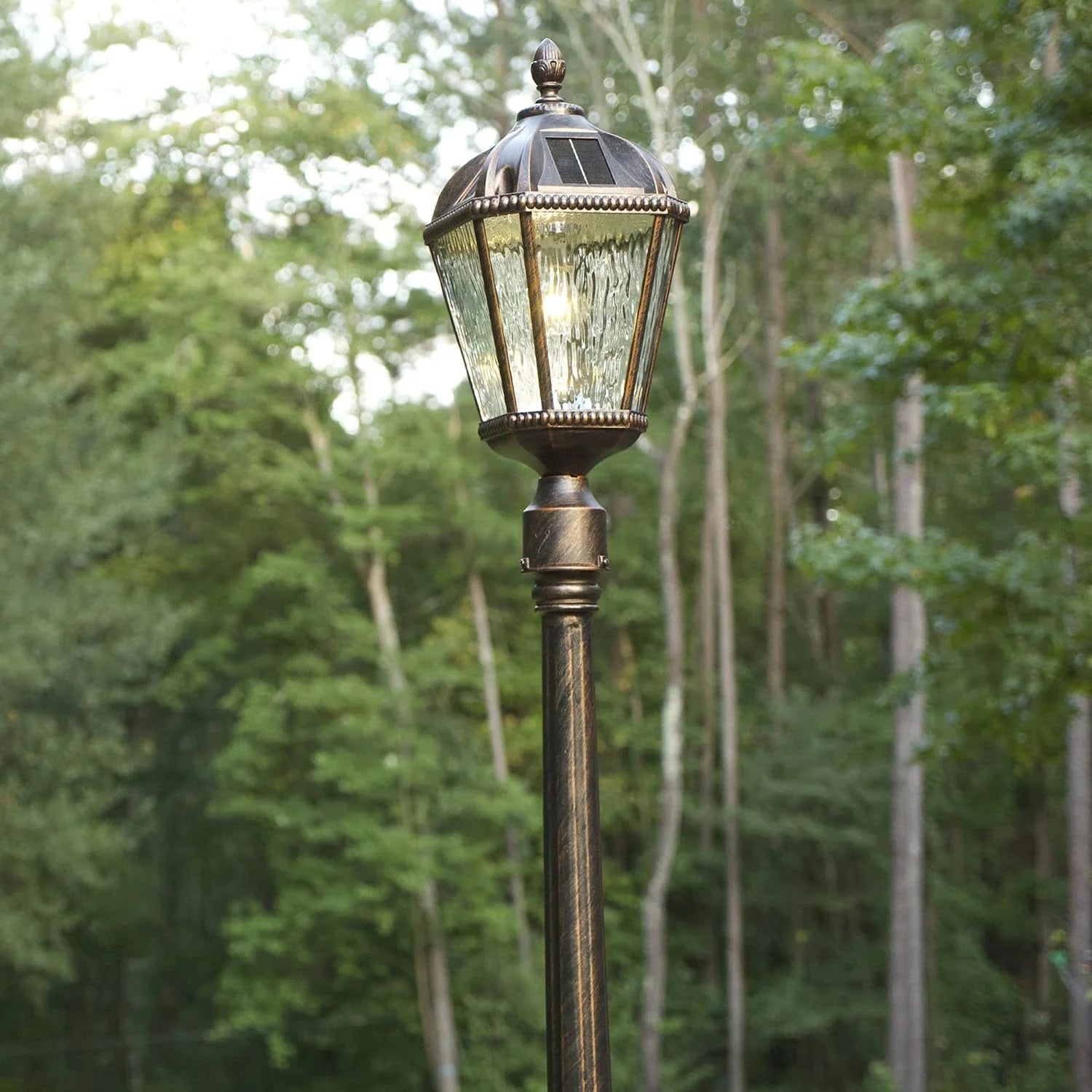 Outdoor Solar Lamp Post Light, Brushed Bronze Aluminum and Rainwater Glass Panels, 10-Year Royal Bulb, Warm White LED with Omni-Direction Reflector, 87-inch Height, 98B101