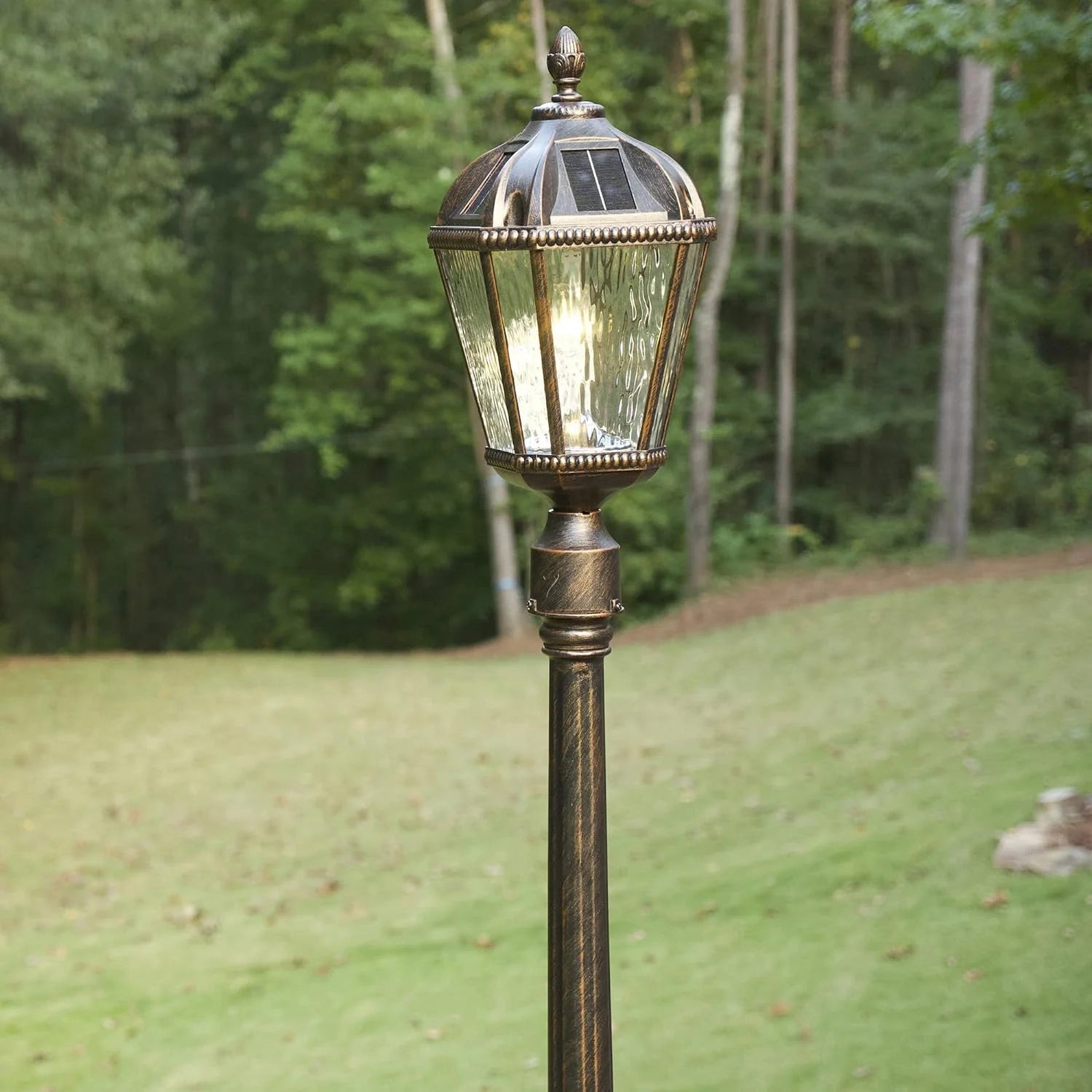 Outdoor Solar Lamp Post Light, Brushed Bronze Aluminum and Rainwater Glass Panels, 10-Year Royal Bulb, Warm White LED with Omni-Direction Reflector, 87-inch Height, 98B101