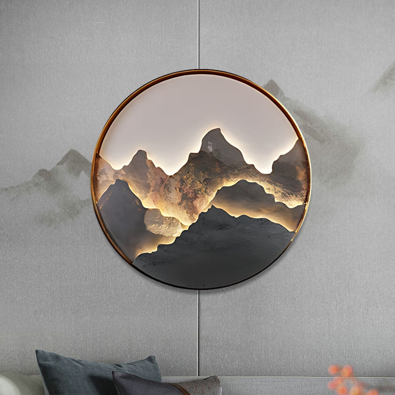 Round Natural Rock Slab Mountain Scenery Painting Modern Wall Lights Fixture