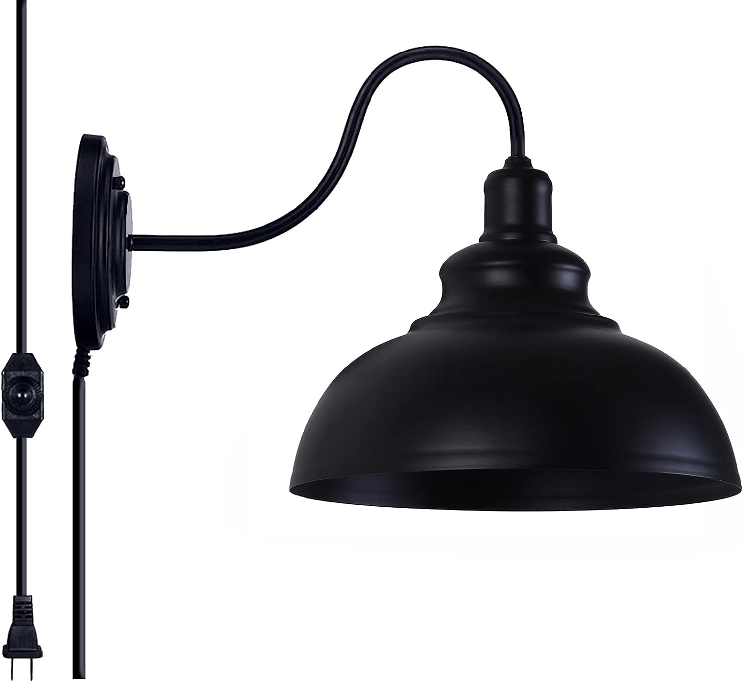 LIGHTESS Dimmable Wall Sconce Plug in, Industrial Farmhouse Sconce with Dimmer On Off Switch, Black Barn Light Gooseneck Light Fixture, OLB11