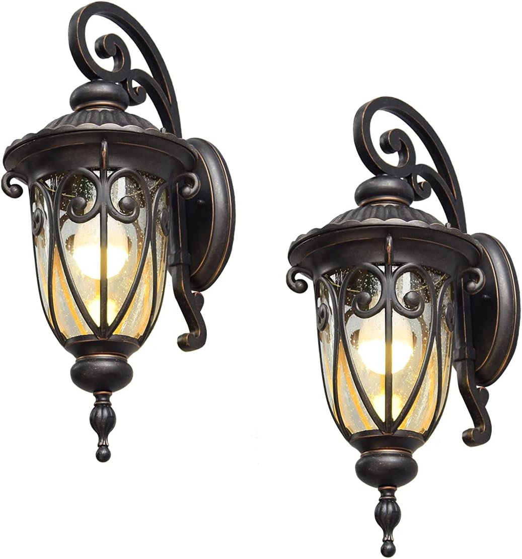 Dusk to Dawn Outdoor Post Light Fixture 24" High Bronze Post Lantern with Pier Mount, Exterior Pole Lighting with Seeded Glass for Yard, Garden, Patio and Pathway, 2 Pack, LMMS0519-M-2P