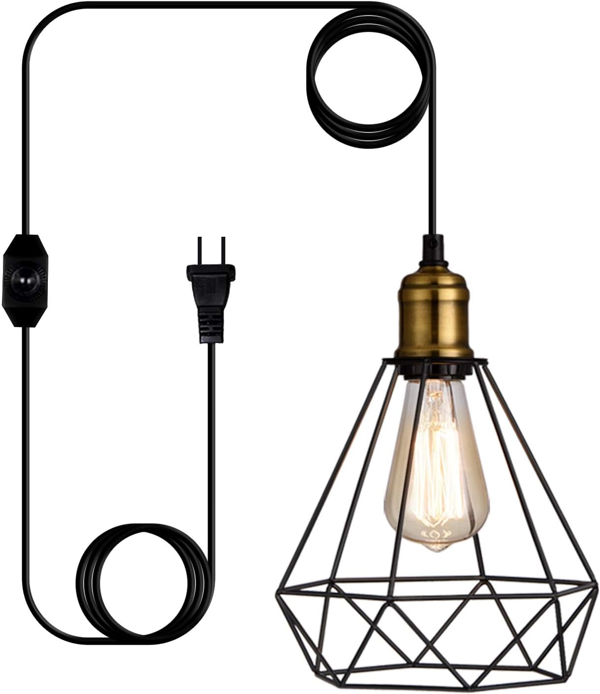 Lightess Plug in Pendant Lights with Dimmer Switch, Industrial Black & Copper Dimmable Hanging Wire Cage Light Fixture for Kitchen Dining Room, LG9925342