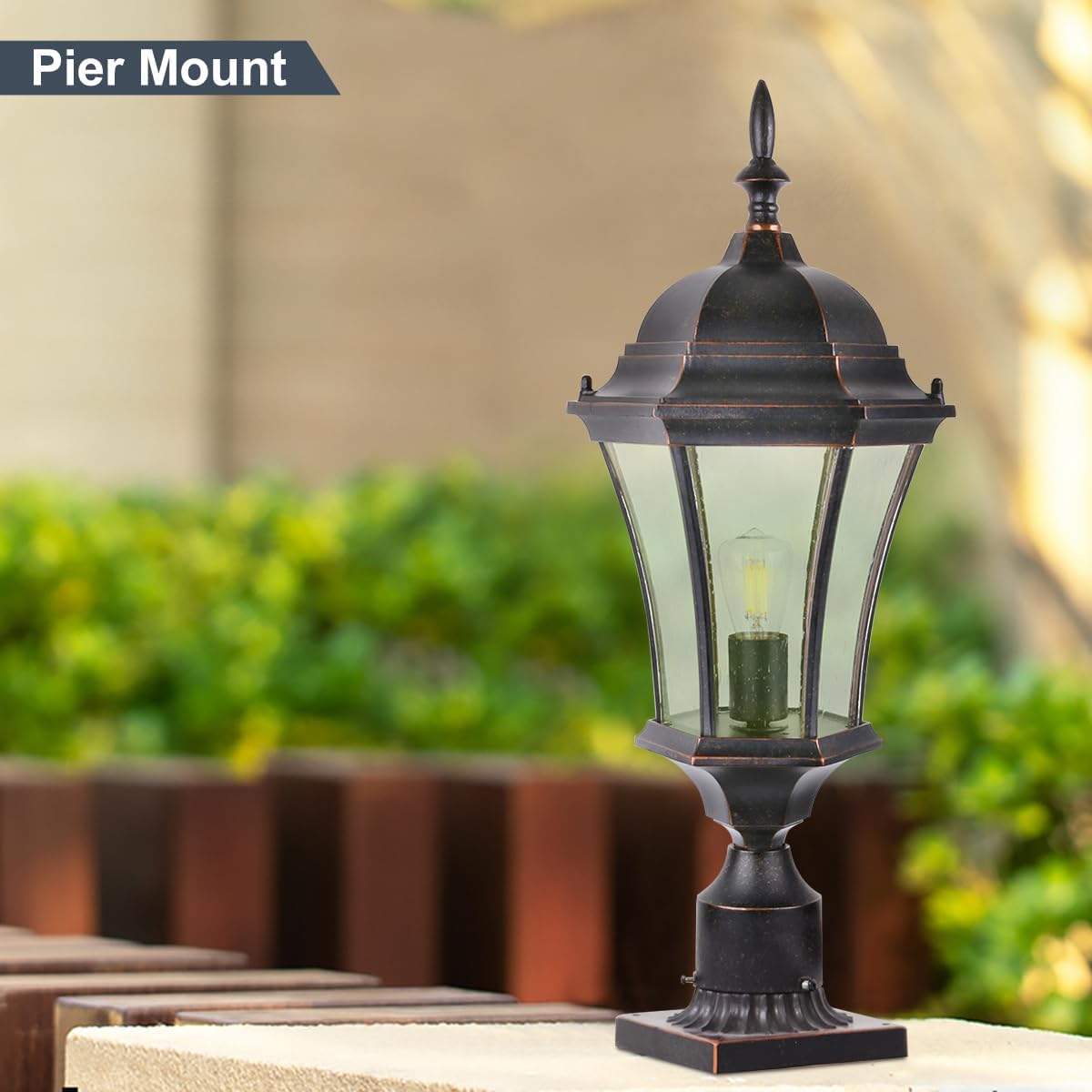 Cast Aluminum 24" Large Post Light with 3" Pier Mount, 2 Pack Exterior Pole Lights Fixture with Seeded Glass, Bronze Outside Lamp Post Lantern Head for Driveway Yard Garden Patio Pathway