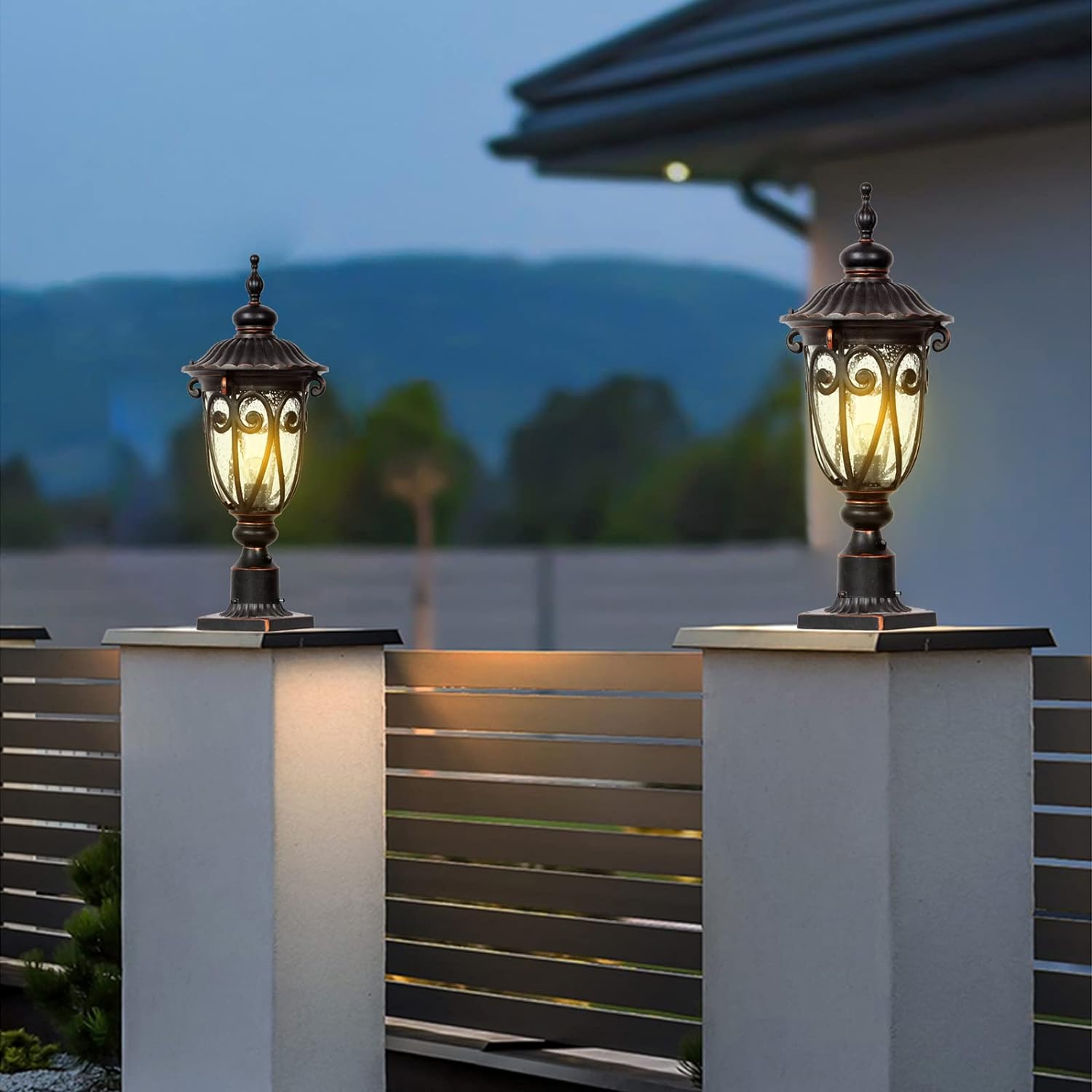 Dusk to Dawn Outdoor Post Light Fixture 24" High Bronze Post Lantern with Pier Mount, Exterior Pole Lighting with Seeded Glass for Yard, Garden, Patio and Pathway, 2 Pack, LMMS0519-M-2P