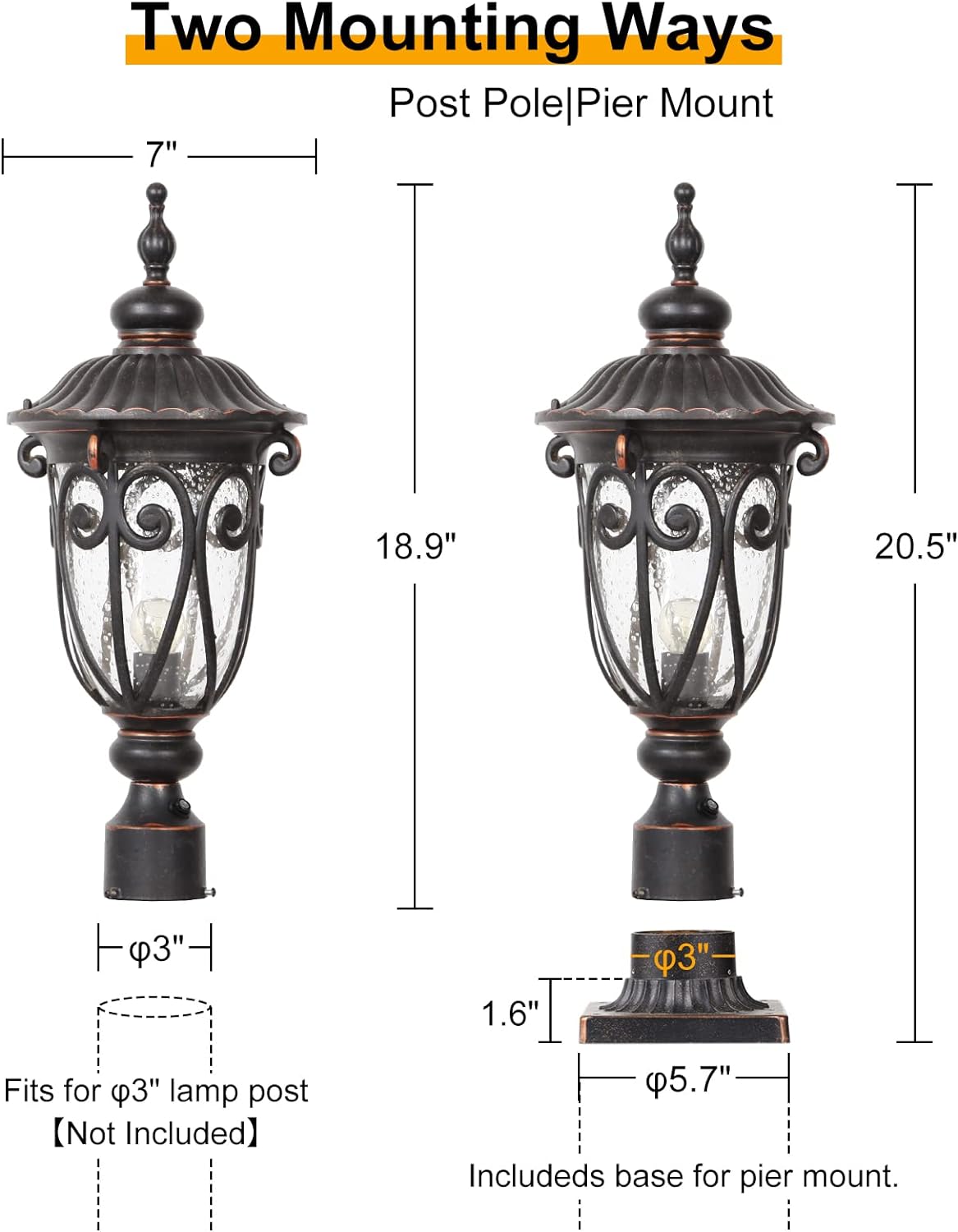 Dusk to Dawn Outdoor Post Light Fixture 24" High Bronze Post Lantern with Pier Mount, Exterior Pole Lighting with Seeded Glass for Yard, Garden, Patio and Pathway, 2 Pack, LMMS0519-M-2P