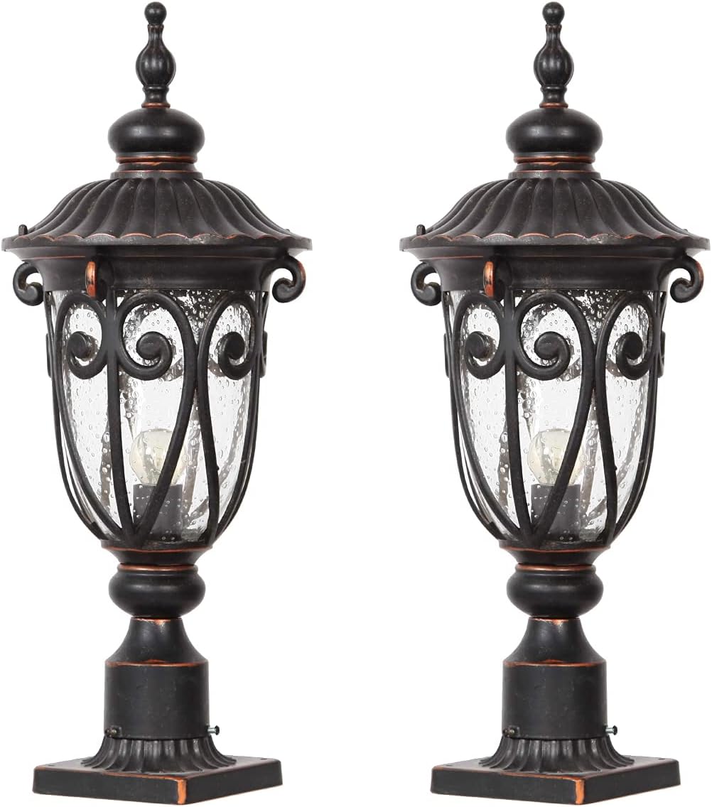 Dusk to Dawn Outdoor Post Light Fixture 24" High Bronze Post Lantern with Pier Mount, Exterior Pole Lighting with Seeded Glass for Yard, Garden, Patio and Pathway, 2 Pack, LMMS0519-M-2P