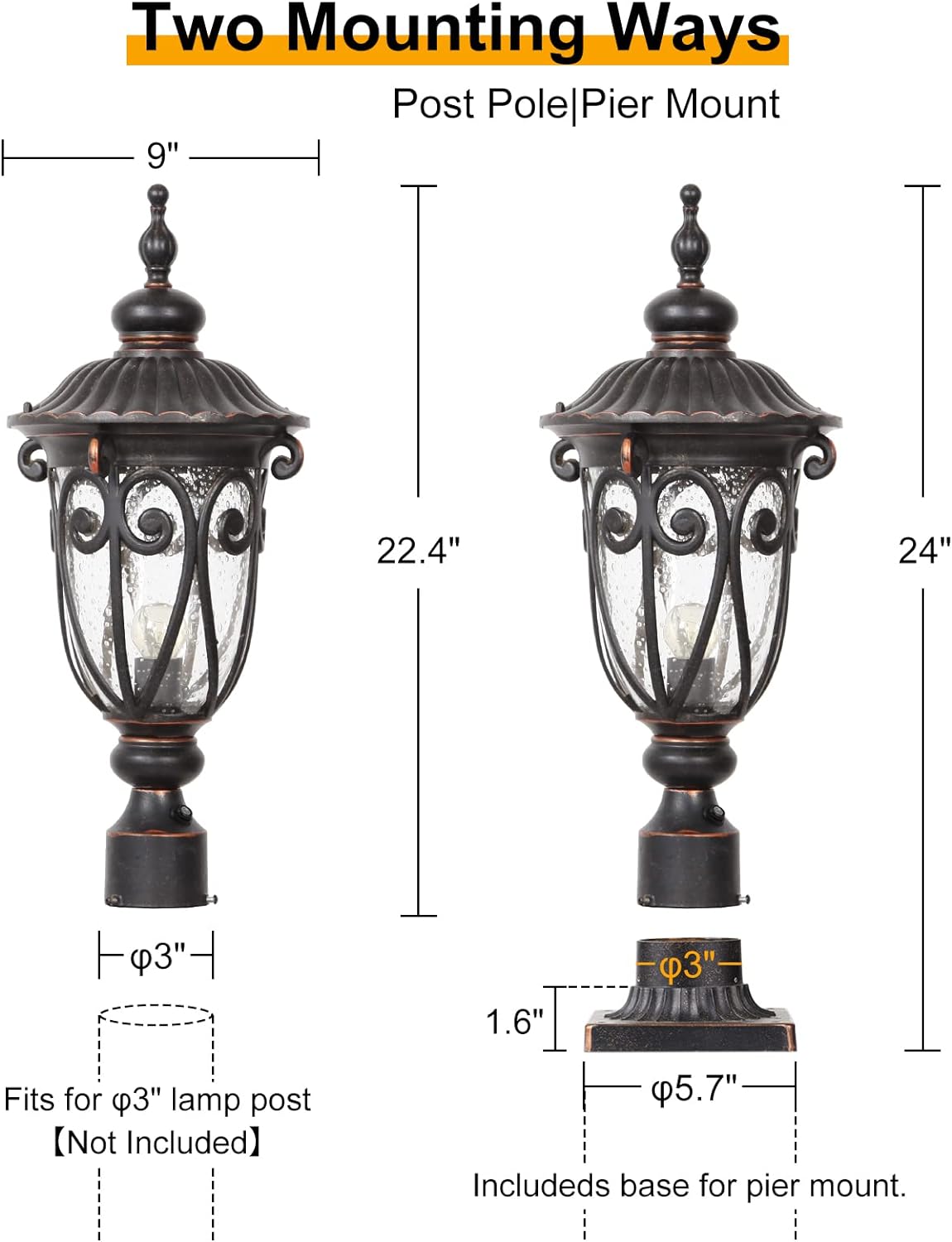 Dusk to Dawn Outdoor Post Light Fixture 24" High Bronze Post Lantern with Pier Mount, Exterior Pole Lighting with Seeded Glass for Yard, Garden, Patio and Pathway, 2 Pack, LMMS0519-M-2P