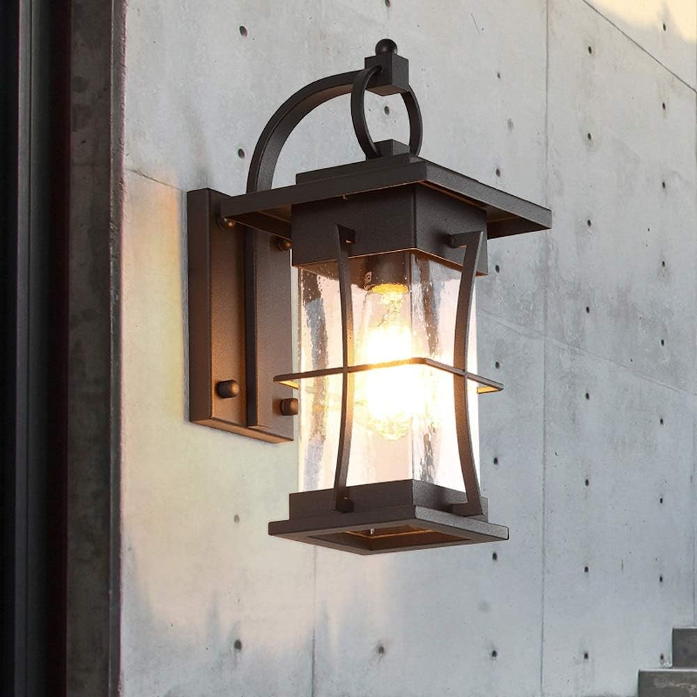 Garden Tradition Wall Lamp Lantern Black Fixture E27 Base Socket Outdoor Lighting Waterproof Wall Sconce Anti-Rust Seeded Glass for Garage Porch Entrance Decor Lamp