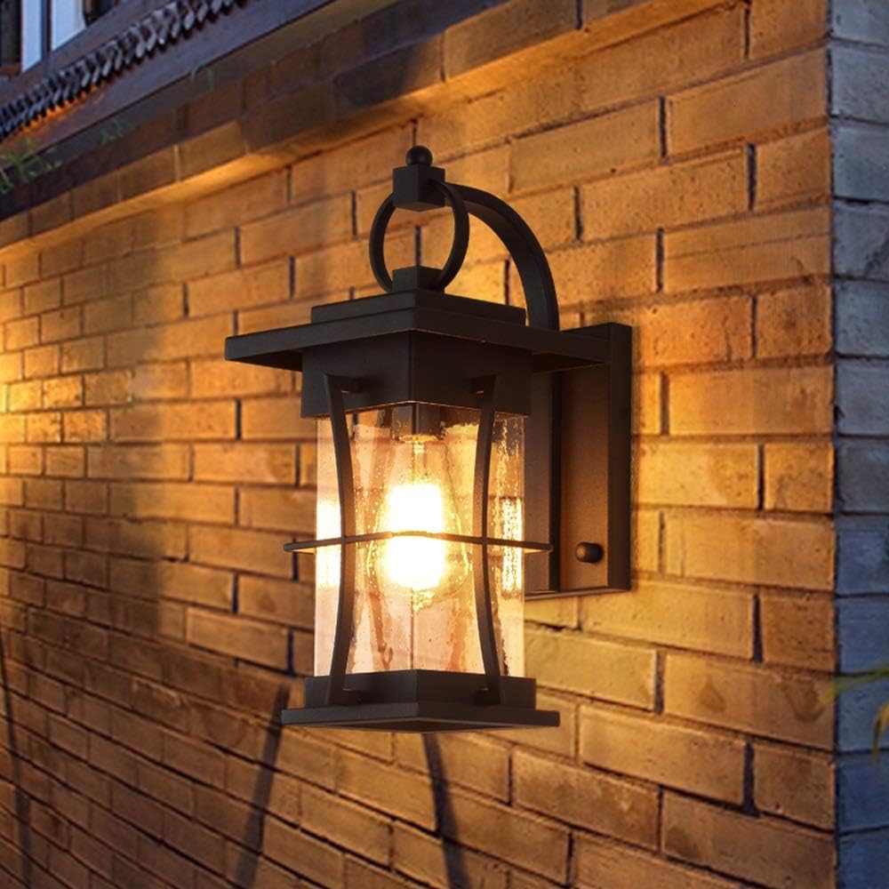 Garden Tradition Wall Lamp Lantern Black Fixture E27 Base Socket Outdoor Lighting Waterproof Wall Sconce Anti-Rust Seeded Glass for Garage Porch Entrance Decor Lamp