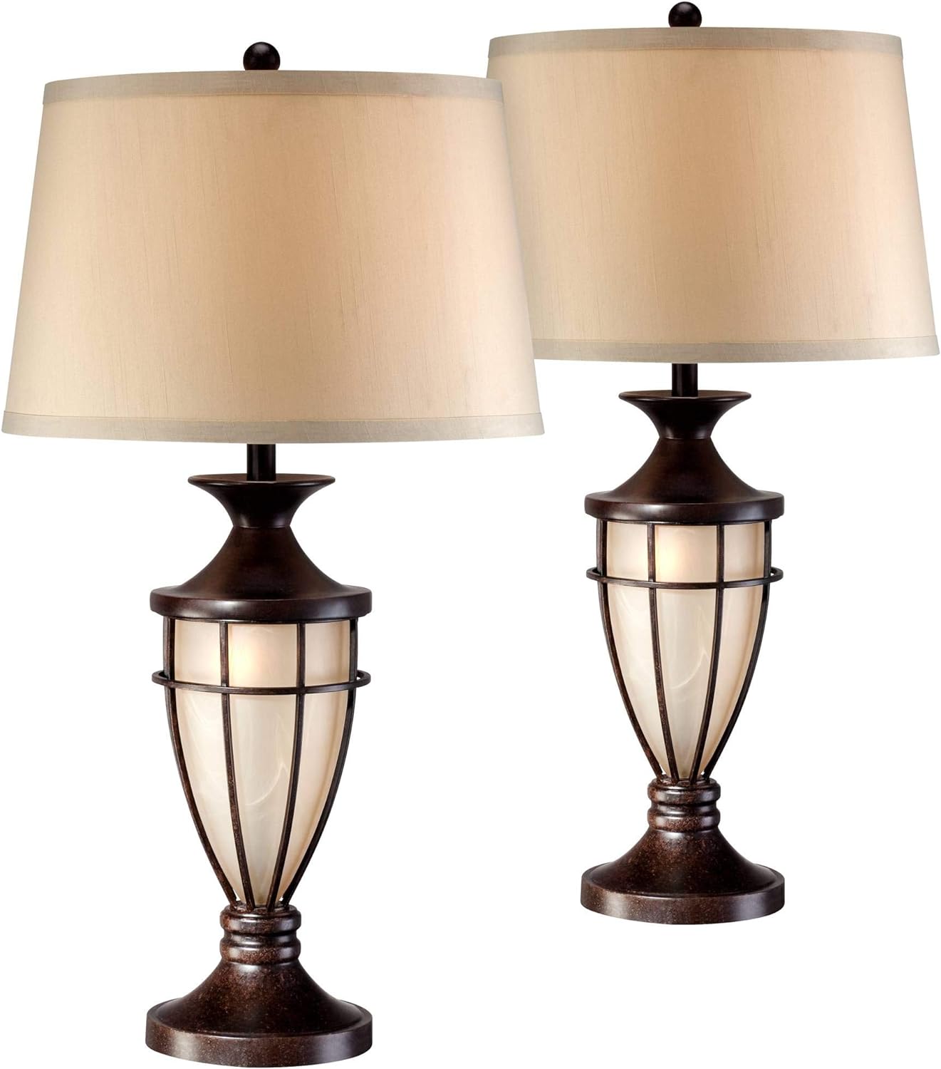 Mission Cage Table Lamps 33" Tall Set of 2 with Nightlight Lantern Brushed Iron Brown Beige Fabric Shade for Living Room Bedroom House Bedside Nightstand Home Office Entryway