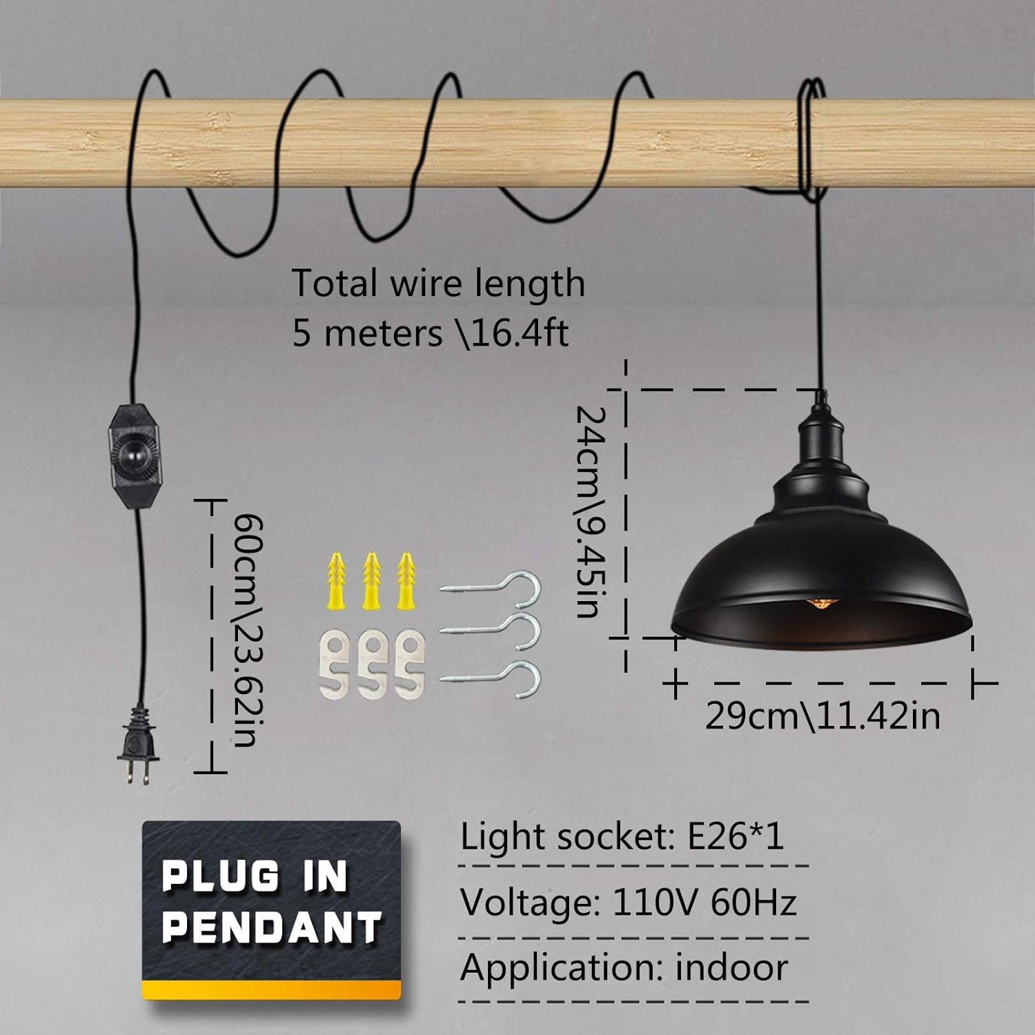 LIGHTESS Black Pendant Lights Dimmable with Plug in Cord and ON/Off Dimmer Switch, Industrial Hanging Kitchen Island Light Fixture, LG9925343