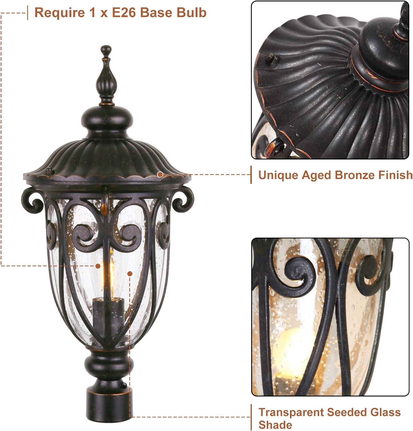 Dusk to Dawn Outdoor Post Light Fixture 24" High Bronze Post Lantern with Pier Mount, Exterior Pole Lighting with Seeded Glass for Yard, Garden, Patio and Pathway, 2 Pack, LMMS0519-M-2P