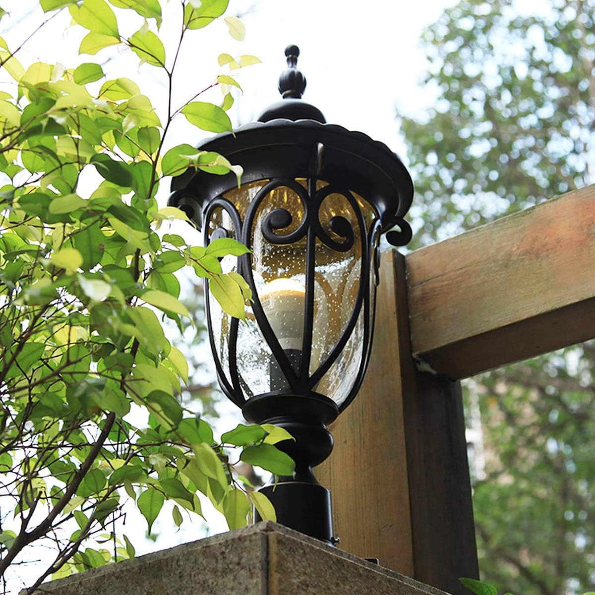 Dusk to Dawn Outdoor Post Light Fixture 24" High Bronze Post Lantern with Pier Mount, Exterior Pole Lighting with Seeded Glass for Yard, Garden, Patio and Pathway, 2 Pack, LMMS0519-M-2P