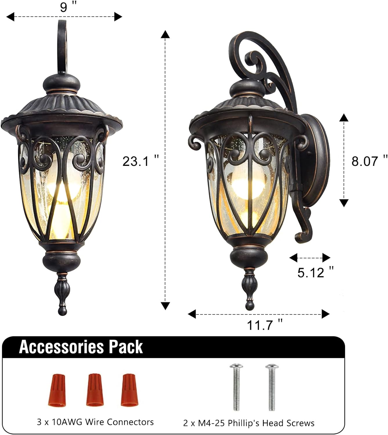 Dusk to Dawn Outdoor Post Light Fixture 24" High Bronze Post Lantern with Pier Mount, Exterior Pole Lighting with Seeded Glass for Yard, Garden, Patio and Pathway, 2 Pack, LMMS0519-M-2P