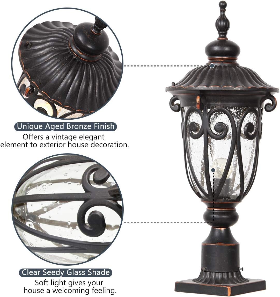 Dusk to Dawn Outdoor Post Light Fixture 24" High Bronze Post Lantern with Pier Mount, Exterior Pole Lighting with Seeded Glass for Yard, Garden, Patio and Pathway, 2 Pack, LMMS0519-M-2P