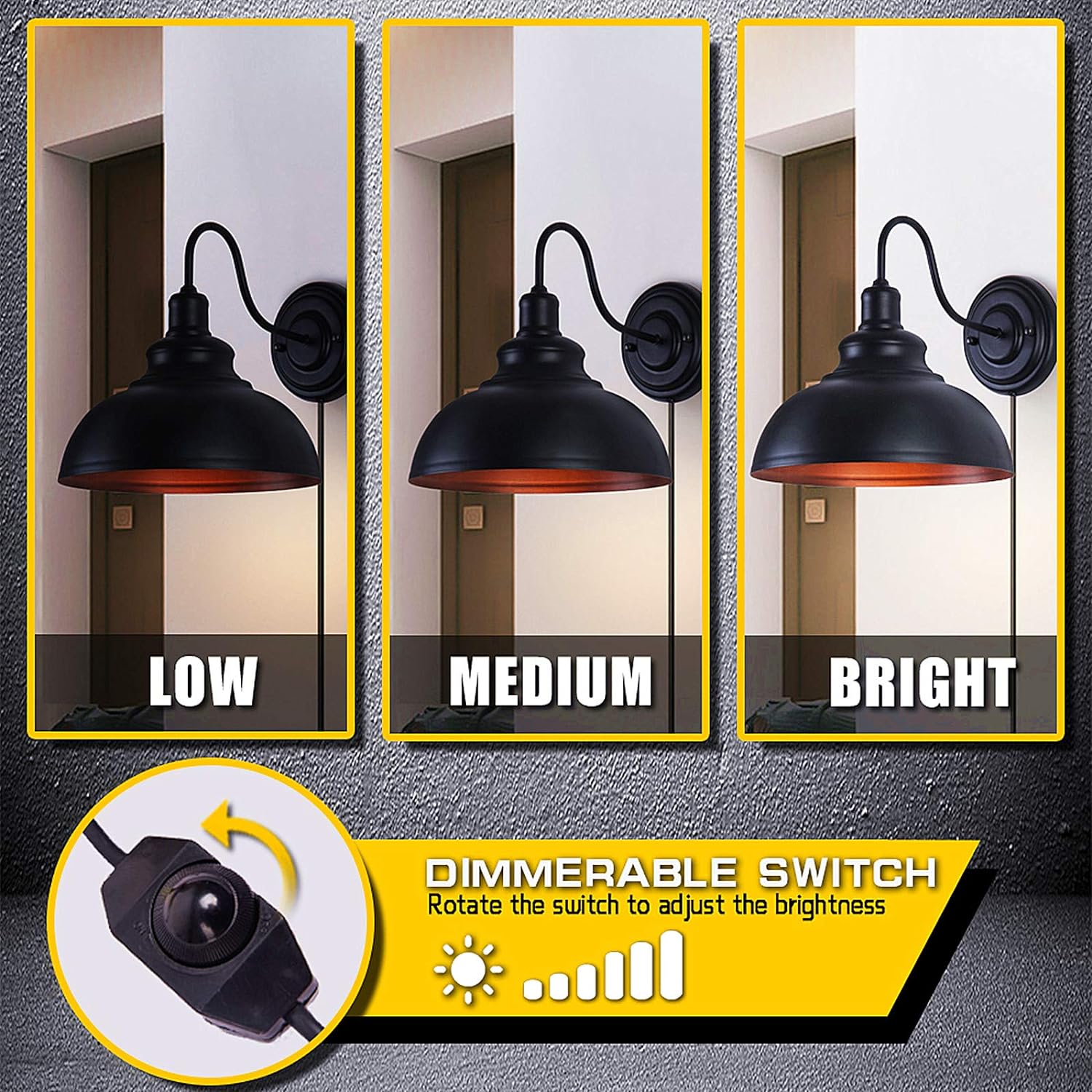 LIGHTESS Dimmable Wall Sconce Plug in, Industrial Farmhouse Sconce with Dimmer On Off Switch, Black Barn Light Gooseneck Light Fixture, OLB11