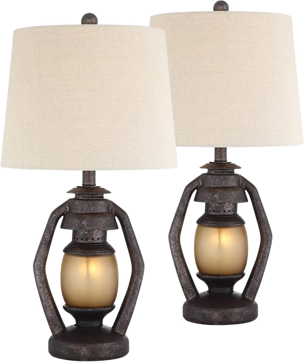 Horace Rustic Farmhouse Table Lamps 25.25" High Full Size Set of 2 with Nightlight Miner Lantern Brown Oatmeal Tapered Drum Shade for Living Room Bedroom House Bedside Nightstand