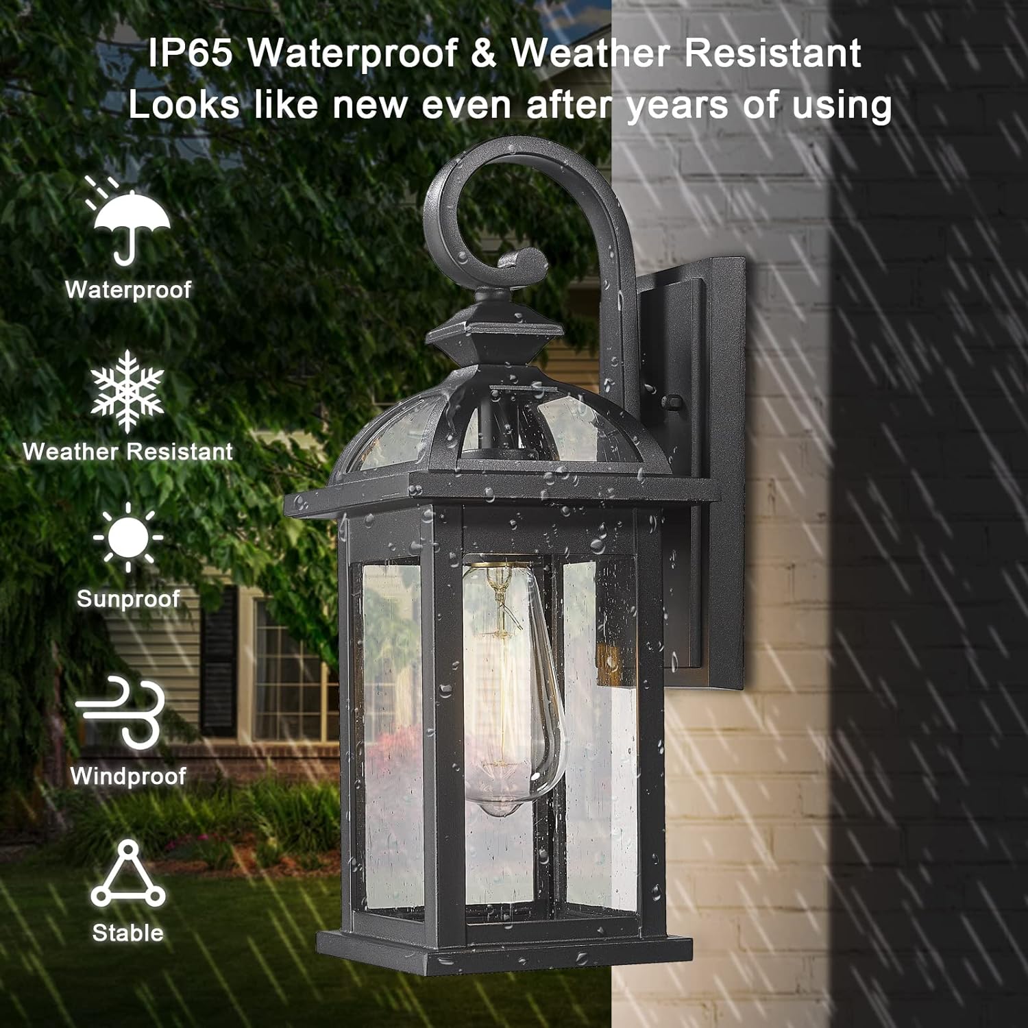 Outdoor Lights Fixtures Wall Mount, Large 22inch Outdoor Wall Sconce Lights with Seeded Glass Waterproof Outside Exterior Lights Fixture for House Front Porch Patio （Large, Black）