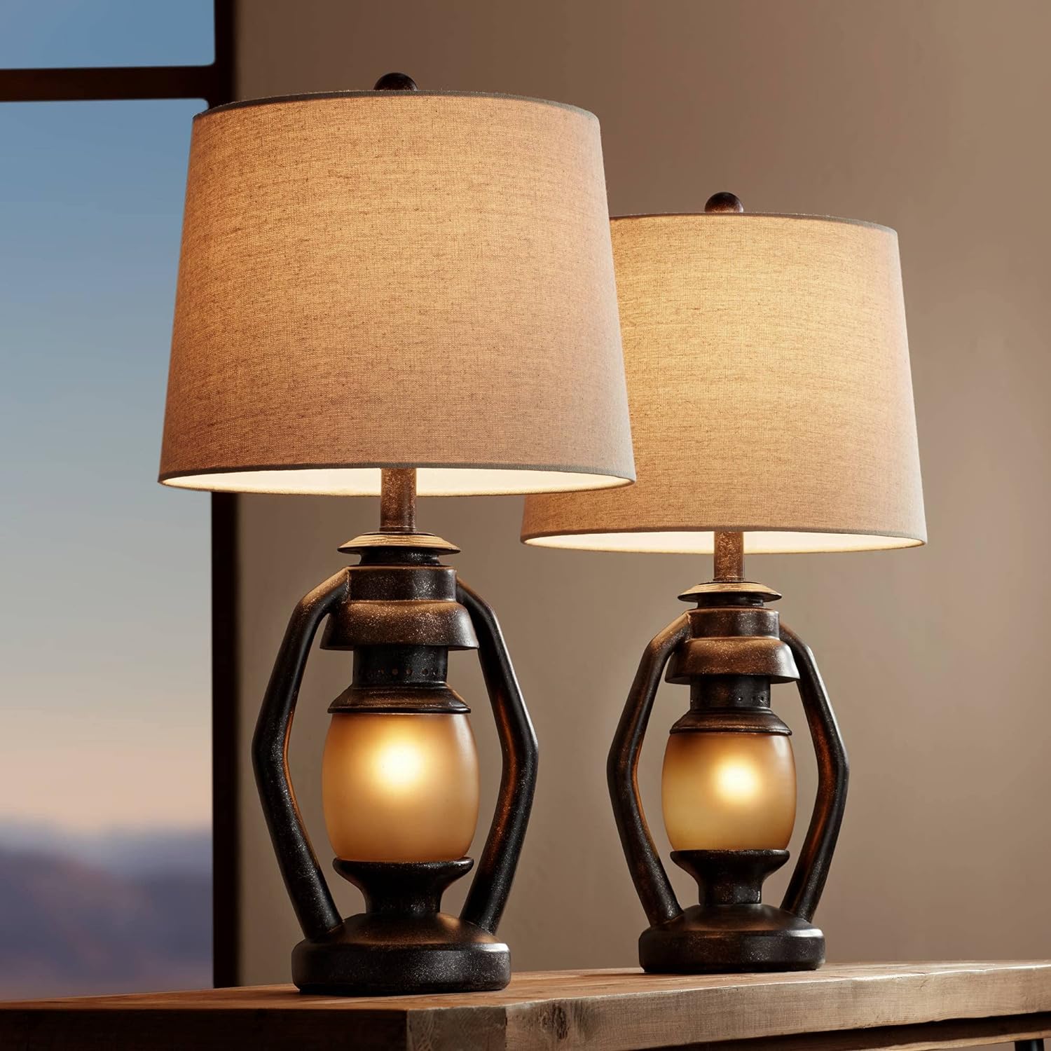 Horace Rustic Farmhouse Table Lamps 25.25" High Full Size Set of 2 with Nightlight Miner Lantern Brown Oatmeal Tapered Drum Shade for Living Room Bedroom House Bedside Nightstand