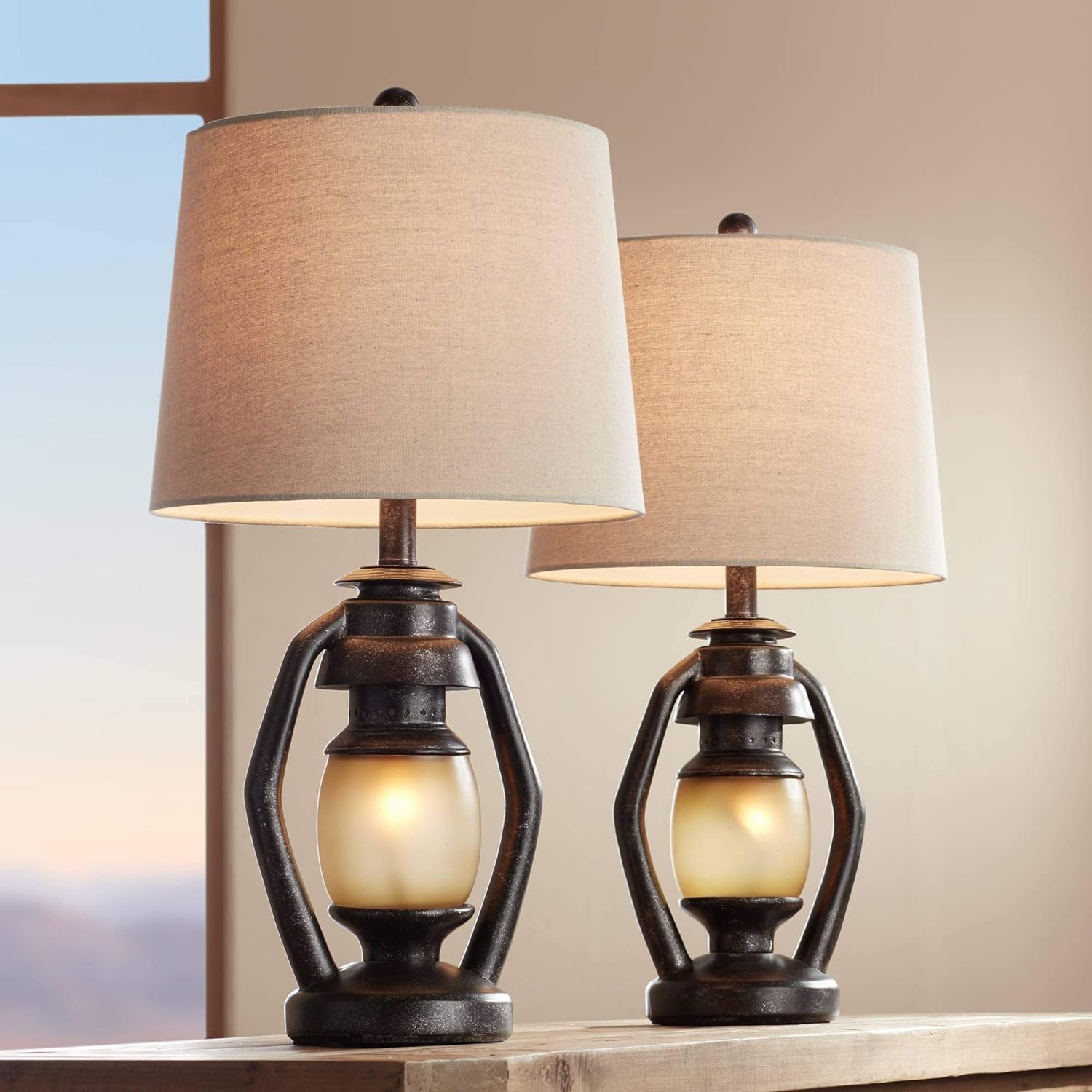 Horace Rustic Farmhouse Table Lamps 25.25" High Full Size Set of 2 with Nightlight Miner Lantern Brown Oatmeal Tapered Drum Shade for Living Room Bedroom House Bedside Nightstand