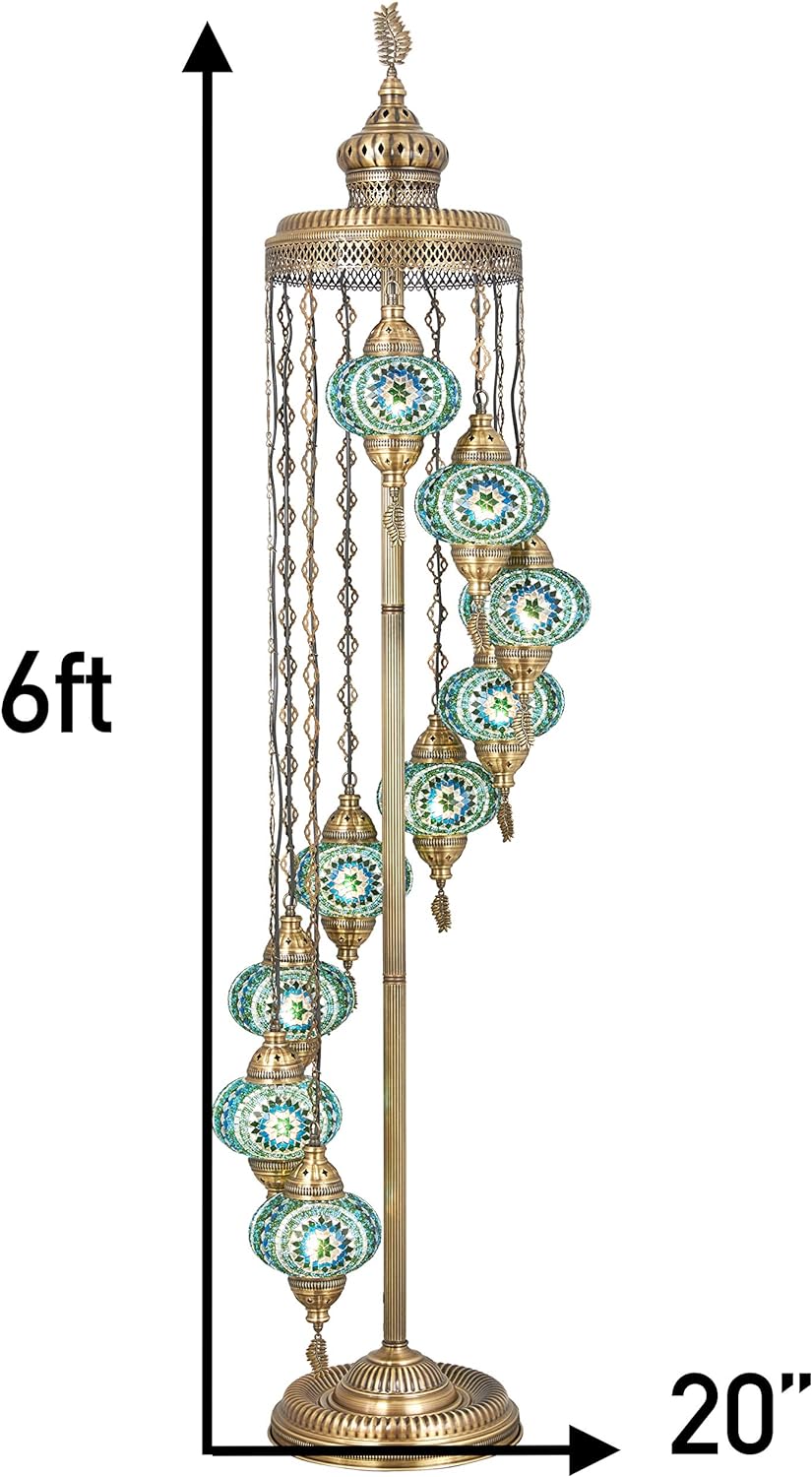 9 Big Globes Floor Lamp Light, Bohemian Boho Stained Glass Tiffany Mosaic Floor Lamp, 6 feet (Blue)